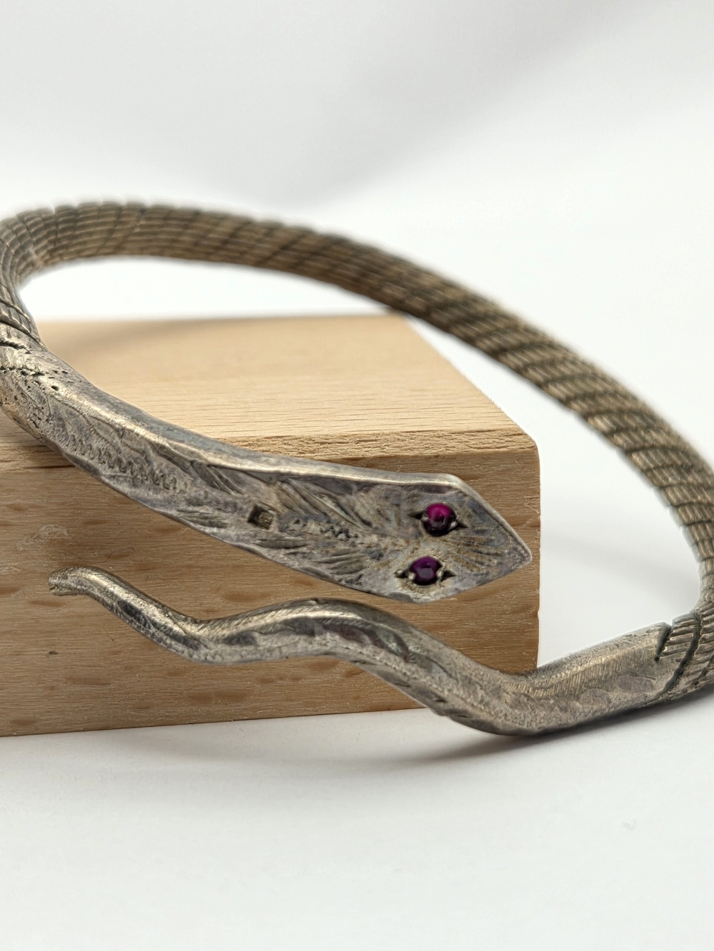 Vintage Sterling Silver Egyptian Revival Snake Bypass Cuff Bracelet Ruby Eyes